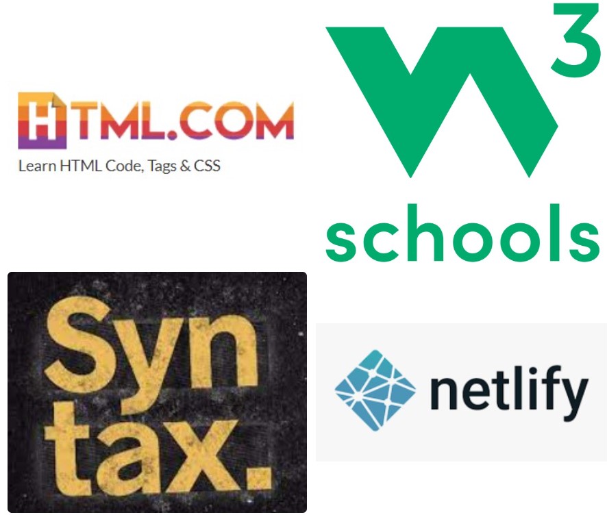 HTML.com, W3Schools, Syntax FM and Netlify logos