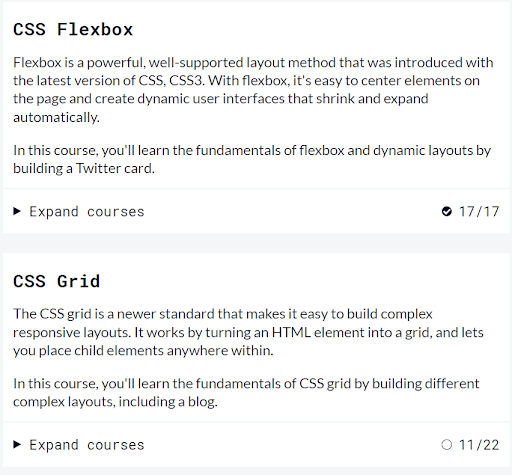 The CSS flexbox and grid section on the Free Code Camp site