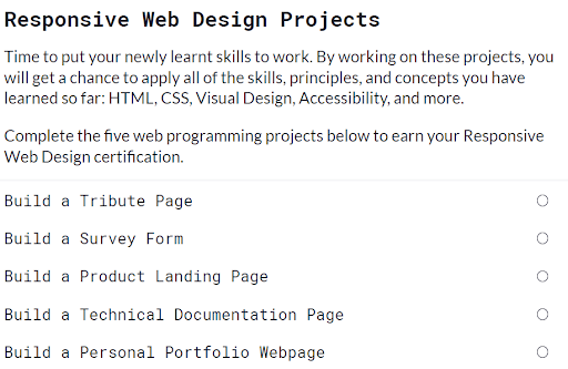 The responsive web design project section from FreeCodeCamp