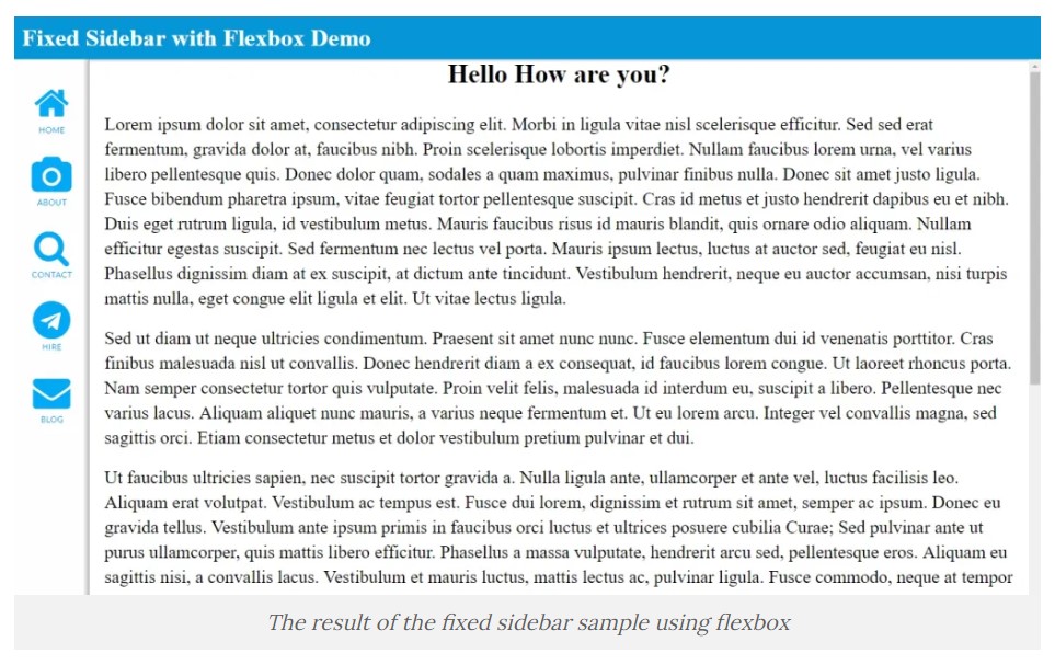 An example page with a fixed sidebar with flexbox