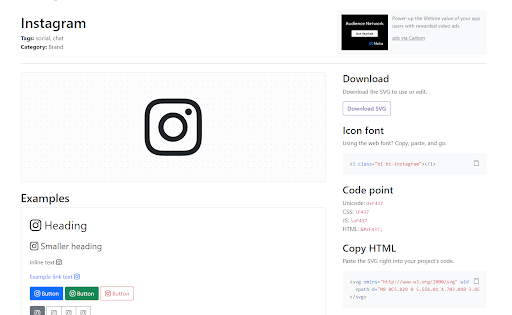 Instagram icon page on Bootstrap