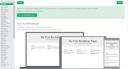 W3School's Bootstrap 4 course homepage