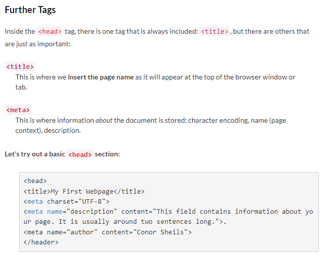 tags, head section, meta data and title